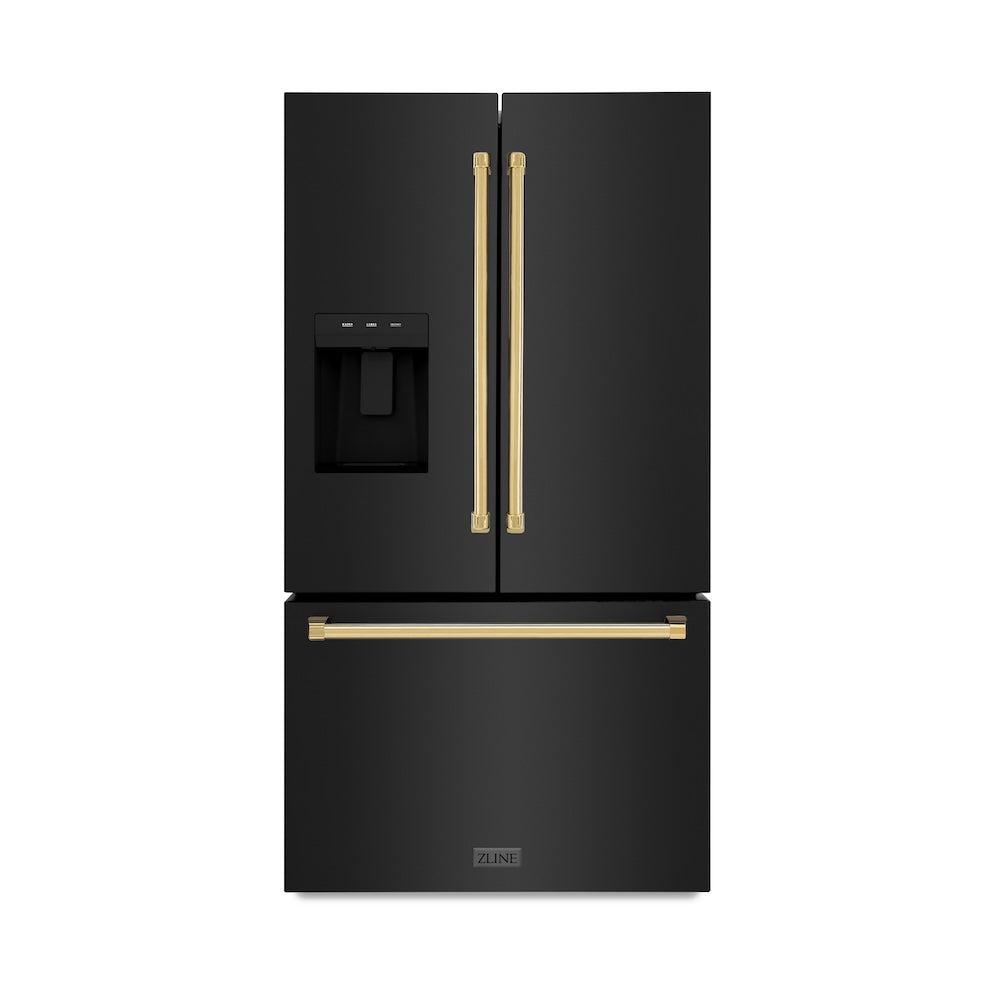 AutographEdition 36 in. 28.9 cu. ft. Standard-Depth French Door External Water Dispenser Refrigerator with Dual Ice Maker in Black Stainless Steel and Polished Gold Handles - (RSMZW36BSG) -