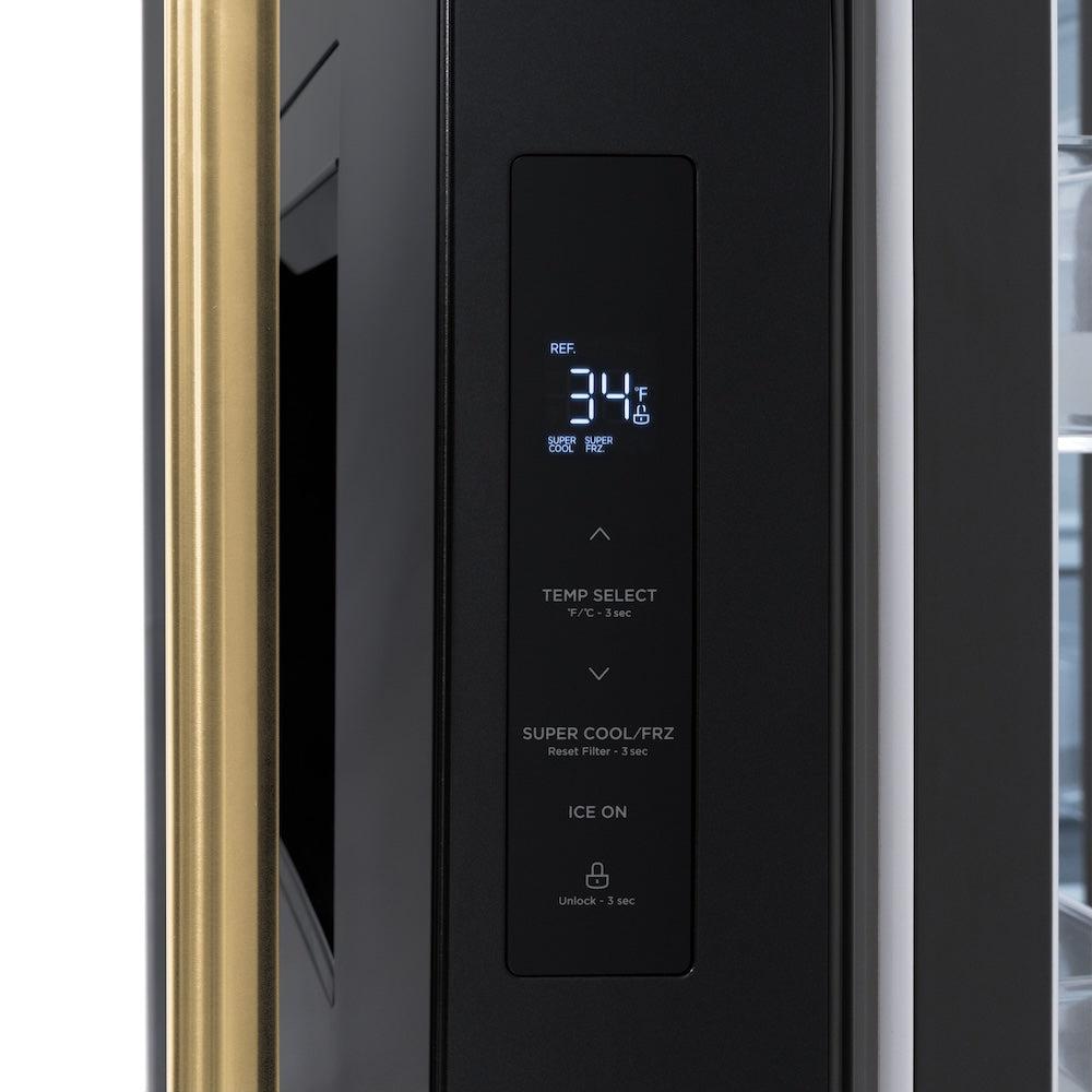 AutographEdition 36 in. 28.9 cu. ft. Standard-Depth French Door External Water Dispenser Refrigerator with Dual Ice Maker in Black Stainless Steel and Polished Gold Handles - (RSMZW36BSG) -