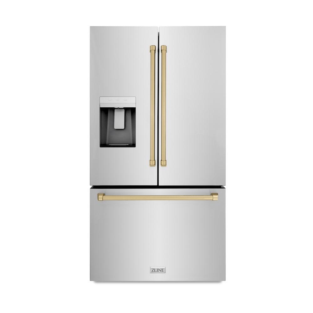 AutographEdition 36 in. 28.9 cu. ft. Standard-Depth French Door External Water Dispenser Refrigerator with Dual Ice Maker in Fingerprint Resistant Stainless Steel and Champagne Bronze Handles - (RSMZW36CB) -