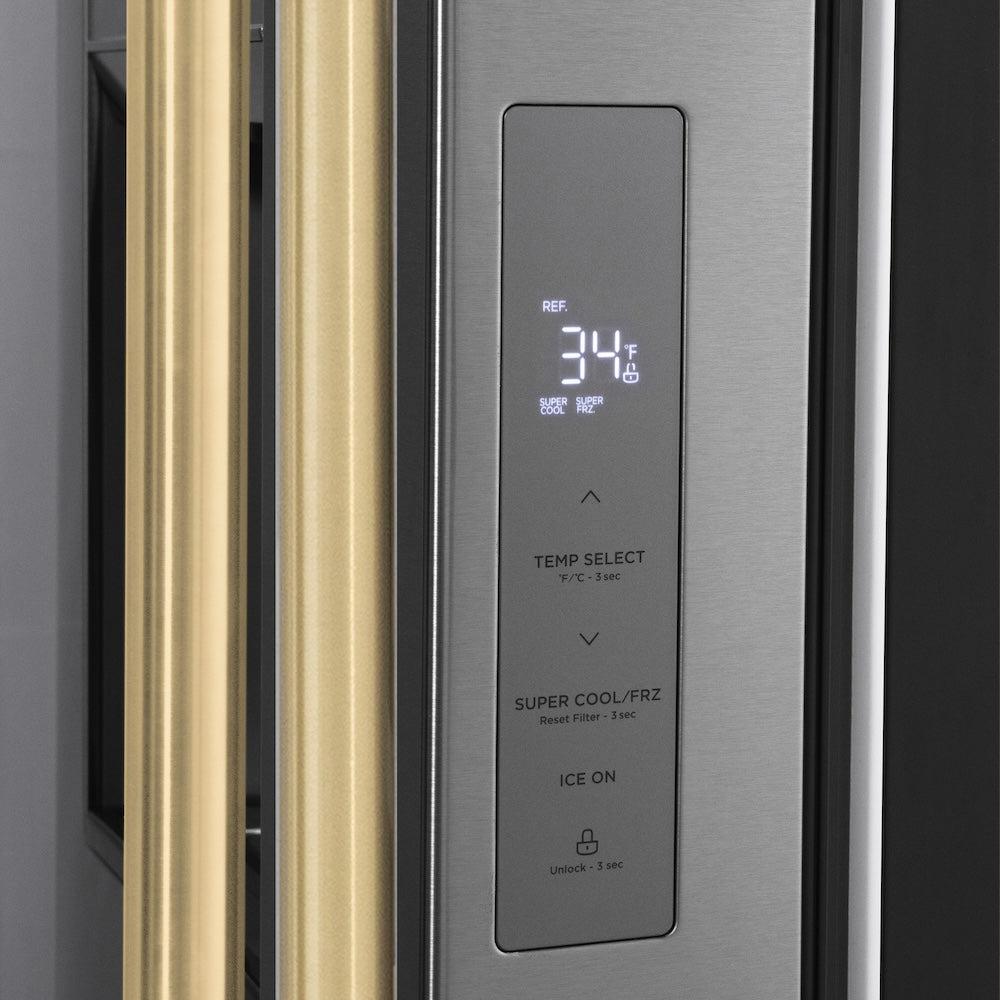 AutographEdition 36 in. 28.9 cu. ft. Standard-Depth French Door External Water Dispenser Refrigerator with Dual Ice Maker in Fingerprint Resistant Stainless Steel and Champagne Bronze Handles - (RSMZW36CB) -