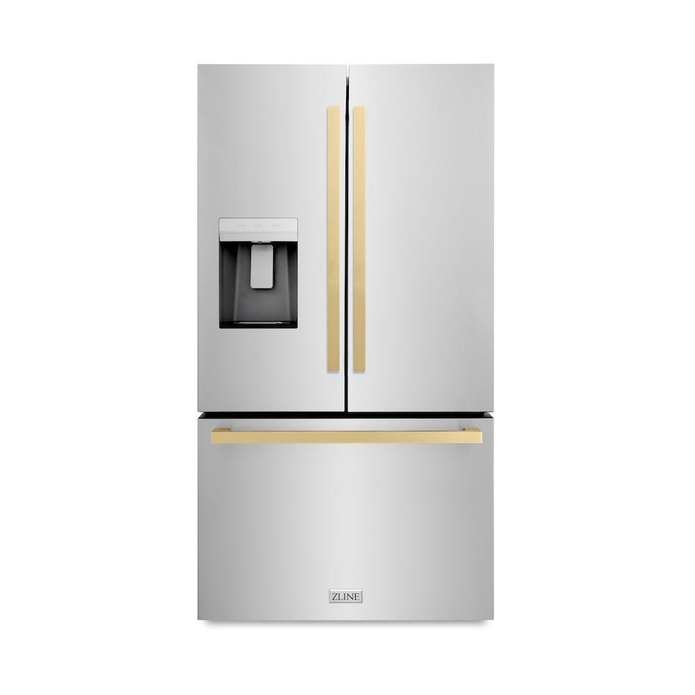 AutographEdition 36 in. 28.9 cu. ft. Standard-Depth French Door External Water Dispenser Refrigerator with Dual Ice Maker in Fingerprint Resistant Stainless Steel and Champagne Bronze Square Handles - (RSMZW36FCB) -