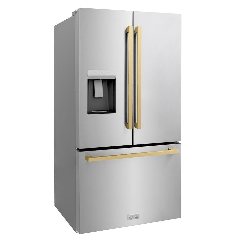 AutographEdition 36 in. 28.9 cu. ft. Standard-Depth French Door External Water Dispenser Refrigerator with Dual Ice Maker in Fingerprint Resistant Stainless Steel and Champagne Bronze Square Handles - (RSMZW36FCB) -