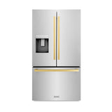 AutographEdition 36 in. 28.9 cu. ft. Standard-Depth French Door External Water Dispenser Refrigerator with Dual Ice Maker in Fingerprint Resistant Stainless Steel and Polished Gold Square Handles - (RSMZW36FG) -