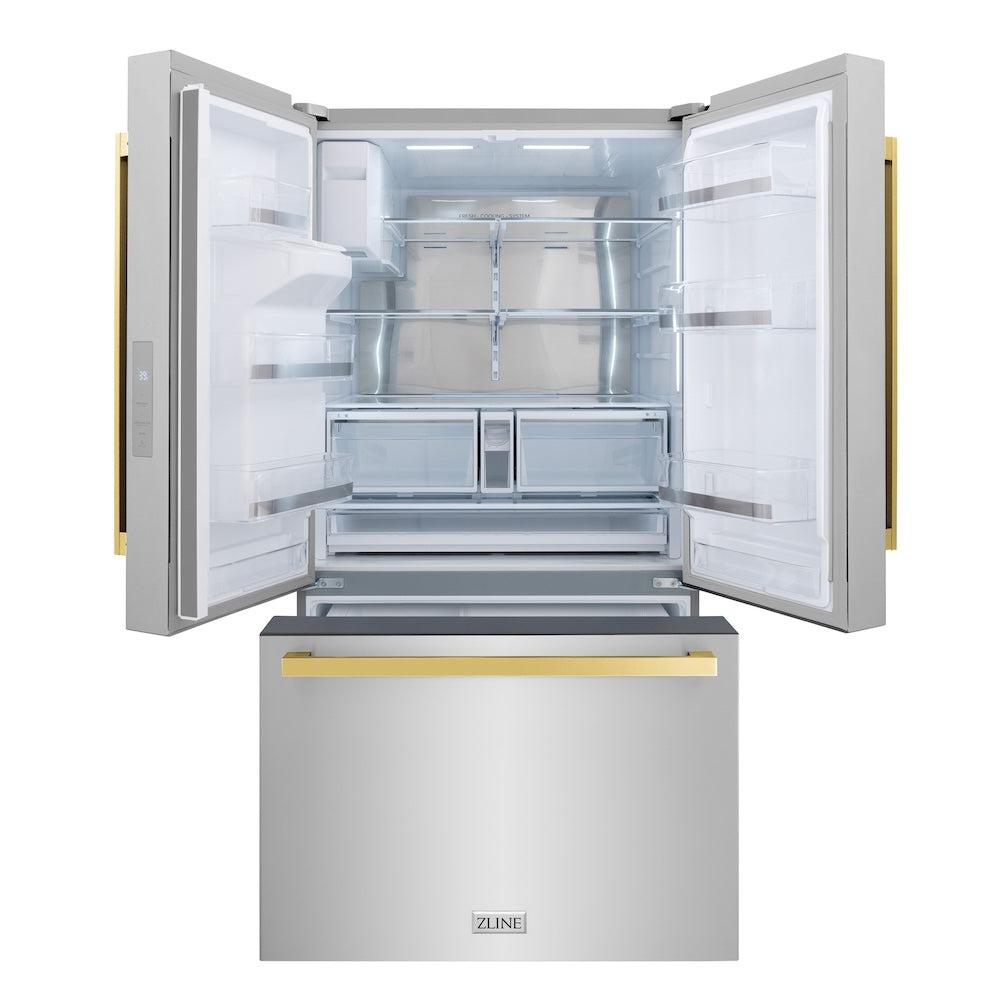 AutographEdition 36 in. 28.9 cu. ft. Standard-Depth French Door External Water Dispenser Refrigerator with Dual Ice Maker in Fingerprint Resistant Stainless Steel and Polished Gold Square Handles - (RSMZW36FG) -