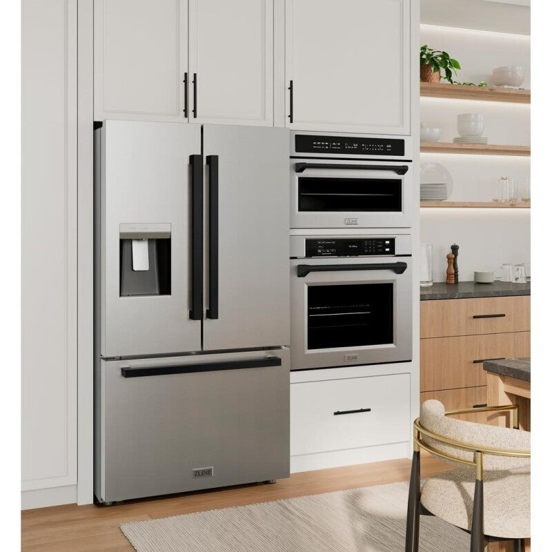 ZLINE Autograph Edition 36 in. 28.9 cu. ft. Standard-Depth French Door External Water Dispenser Refrigerator with Dual Ice Maker in Fingerprint-Resistant Stainless Steel and Matte Black Modern Handles (RSMZ-W-36-FMB) - (RSMZW36FMB) -