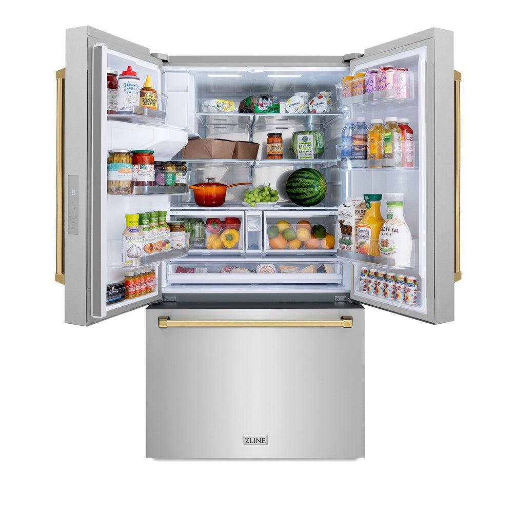 AutographEdition 36 in. 28.9 cu. ft. Standard-Depth French Door External Water Dispenser Refrigerator with Dual Ice Maker in Fingerprint Resistant Stainless Steel and Polished Gold Handles - (RSMZW36G) -