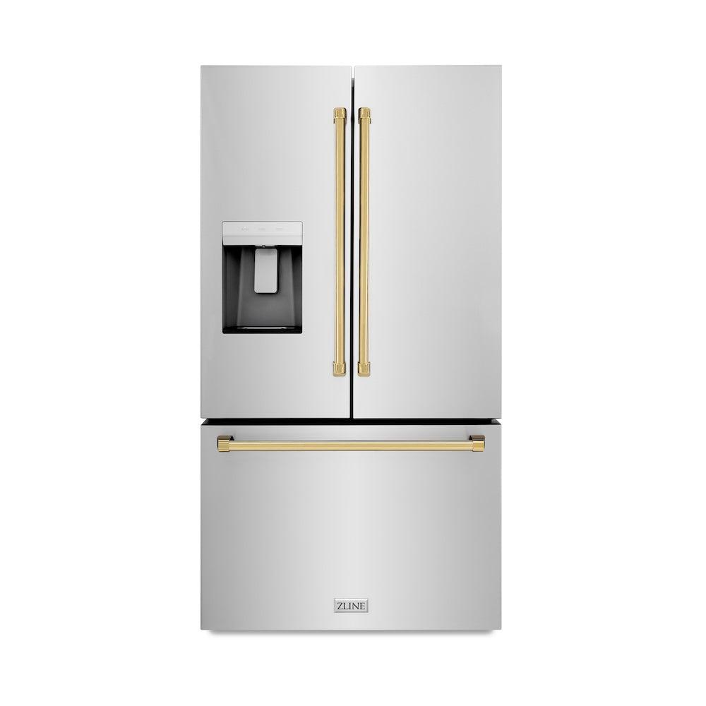 AutographEdition 36 in. 28.9 cu. ft. Standard-Depth French Door External Water Dispenser Refrigerator with Dual Ice Maker in Fingerprint Resistant Stainless Steel and Polished Gold Handles - (RSMZW36G) -