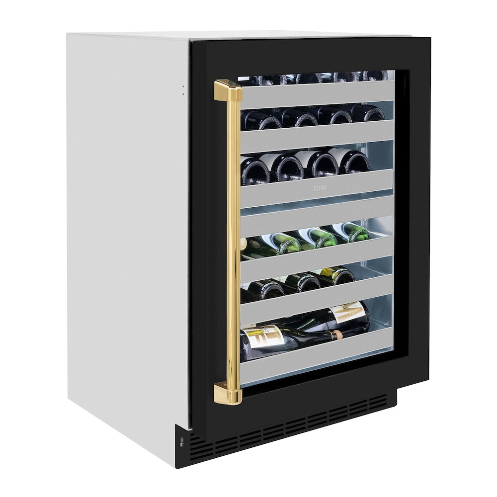 ZLINE Autograph Edition 24 in. Touchstone Dual Zone 44 Bottle Wine Cooler With Black Matte Glass Door And Polished Gold Handle (RWDOZ-BLM-24-G) - (RWDOZBLM24G) -