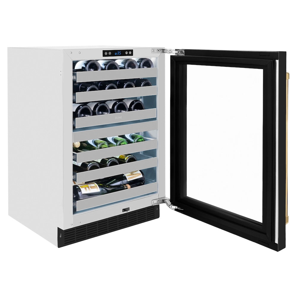 ZLINE Autograph Edition 24 in. Touchstone Dual Zone 44 Bottle Wine Cooler With Black Matte Glass Door And Polished Gold Handle (RWDOZ-BLM-24-G) - (RWDOZBLM24G) -