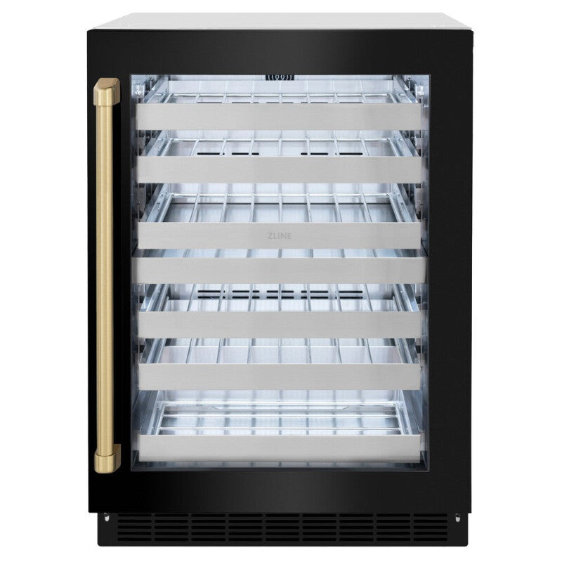ZLINE Autograph Edition 24 in. Touchstone Dual Zone 44 Bottle Wine Cooler With Black Stainless Steel Glass Door And Champagne Bronze Handle (RWDOZ-BS-24-CB) - (RWDOZBS24CB) -