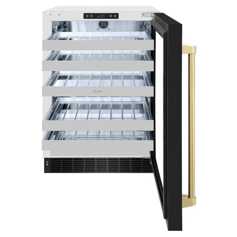 ZLINE Autograph Edition 24 in. Touchstone Dual Zone 44 Bottle Wine Cooler With Black Stainless Steel Glass Door And Champagne Bronze Handle (RWDOZ-BS-24-CB) - (RWDOZBS24CB) -