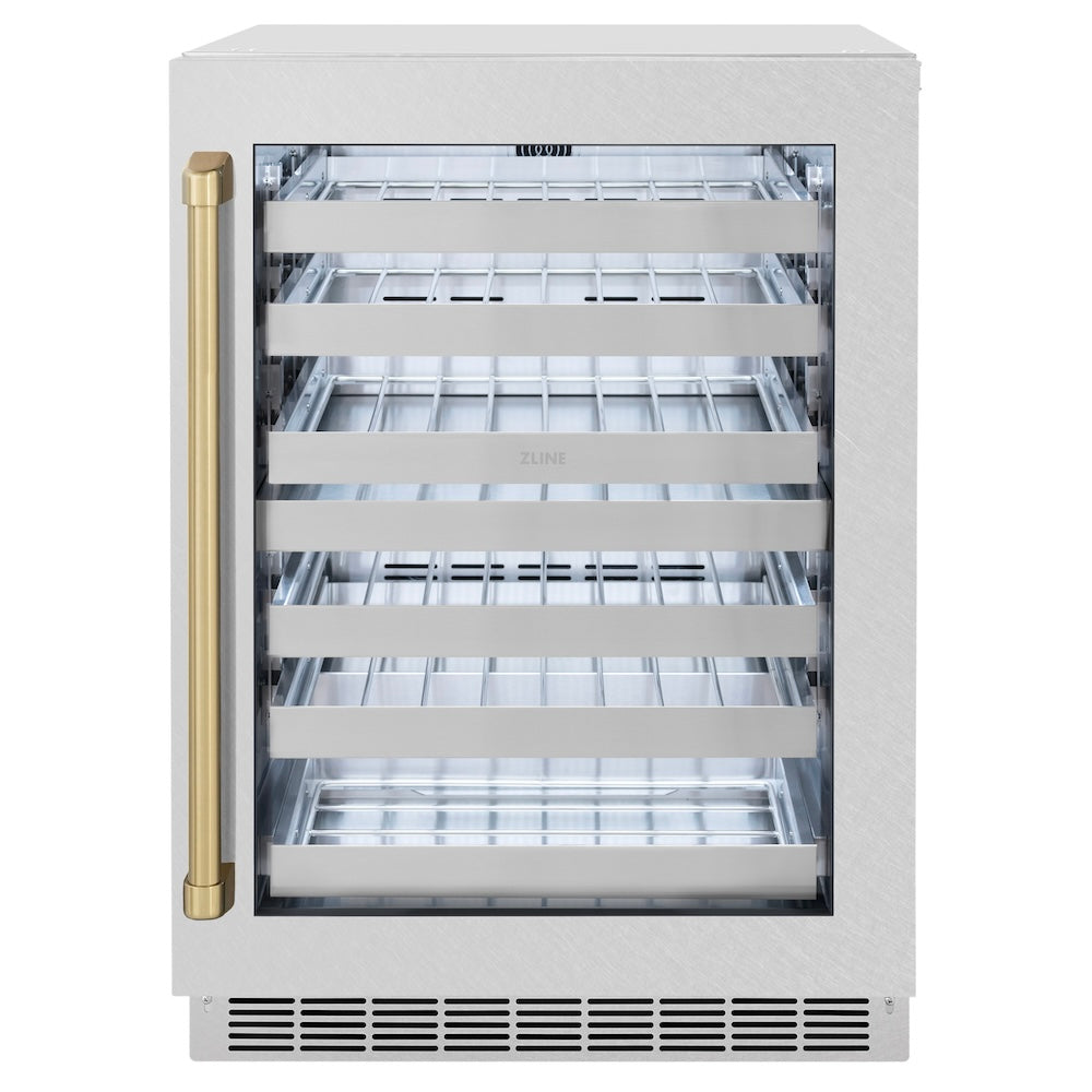 ZLINE Autograph Edition 24 in. Touchstone Dual Zone 44 Bottle Wine Cooler With DuraSnow® Stainless Steel Glass Door And Champagne Bronze Handle (RWDOZ-SN-24-CB) - (RWDOZSN24CB) -