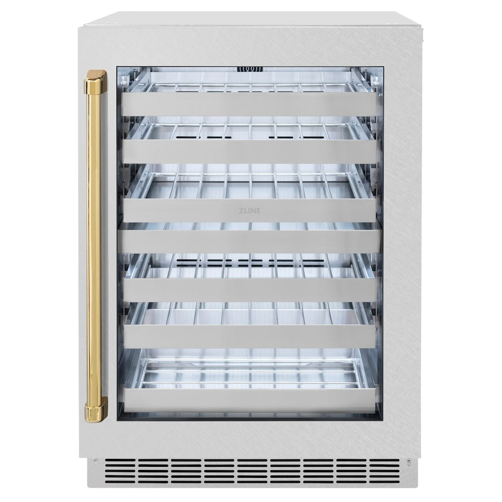 ZLINE Autograph Edition 24 in. Touchstone Dual Zone 44 Bottle Wine Cooler With DuraSnow® Stainless Steel Glass Door And Polished Gold Handle (RWDOZ-SN-24-G) - (RWDOZSN24G) -