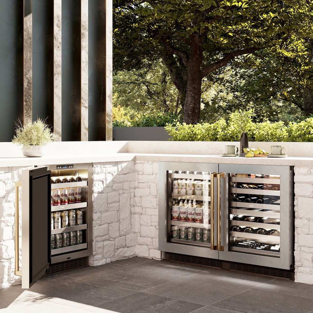 ZLINE Autograph Edition 24 in. Touchstone Dual Zone 44 Bottle Wine Cooler With DuraSnow® Stainless Steel Glass Door And Polished Gold Handle (RWDOZ-SN-24-G) - (RWDOZSN24G) -