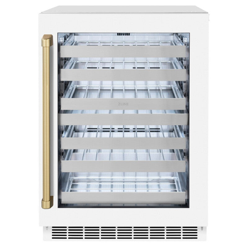 ZLINE Autograph Edition 24 in. Touchstone Dual Zone 44 Bottle Wine Cooler With White Matte Glass Door And Champagne Bronze Handle (RWDOZ-WM-24-CB) - (RWDOZWM24CB) -