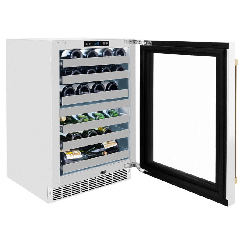 ZLINE Autograph Edition 24 in. Touchstone Dual Zone 44 Bottle Wine Cooler With White Matte Glass Door And Champagne Bronze Handle (RWDOZ-WM-24-CB) - (RWDOZWM24CB) -