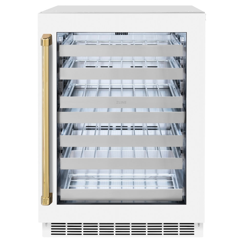 ZLINE Autograph Edition 24 in. Touchstone Dual Zone 44 Bottle Wine Cooler With White Matte Glass Door And Polished Gold Handle (RWDOZ-WM-24-G) - (RWDOZWM24G) -