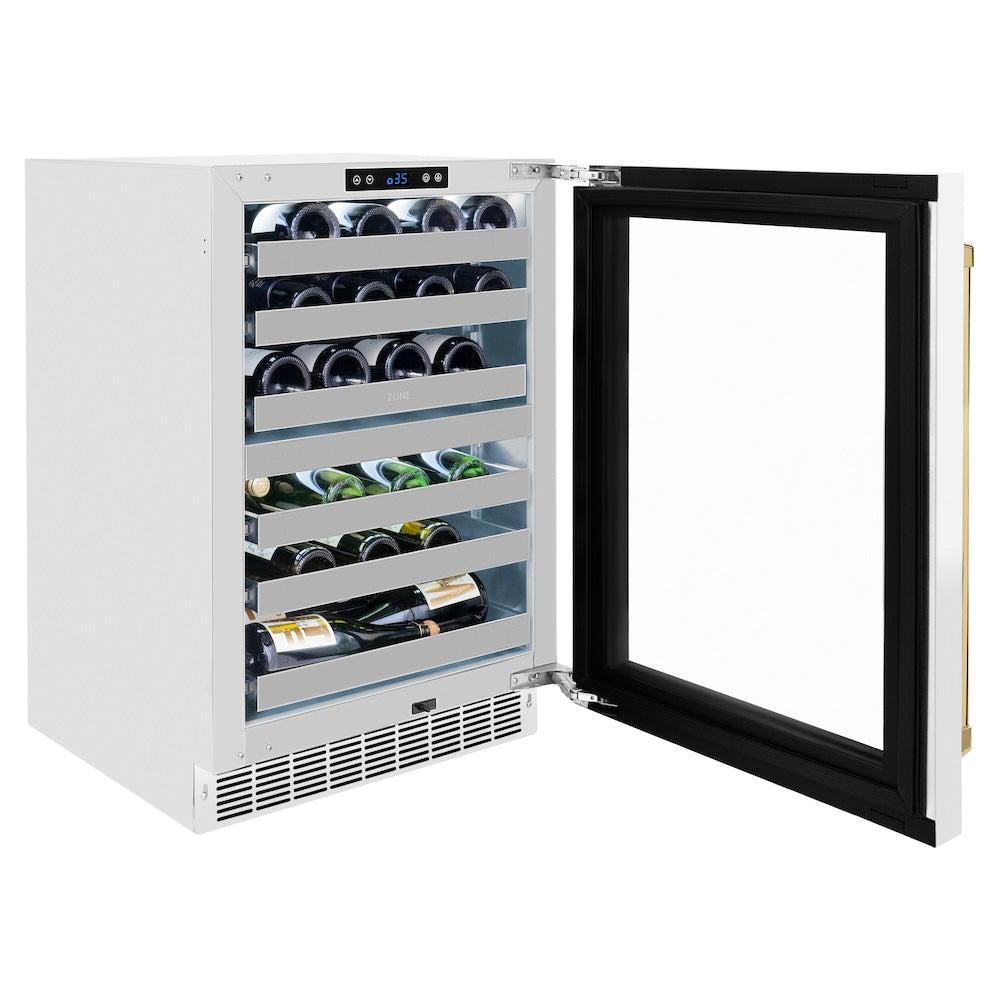 ZLINE Autograph Edition 24 in. Touchstone Dual Zone 44 Bottle Wine Cooler With White Matte Glass Door And Polished Gold Handle (RWDOZ-WM-24-G) - (RWDOZWM24G) -