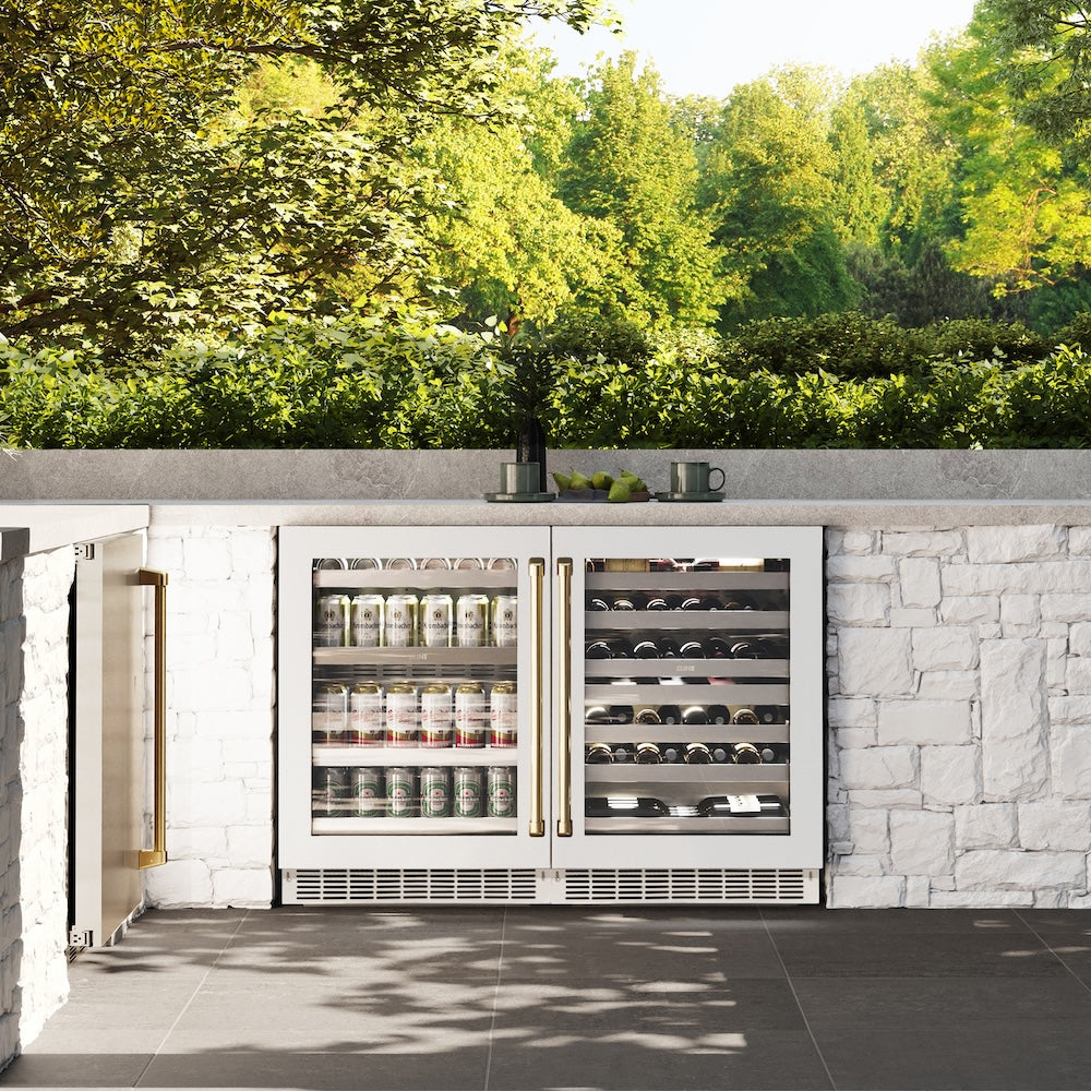 ZLINE Autograph Edition 24 in. Touchstone Dual Zone 44 Bottle Wine Cooler With White Matte Glass Door And Polished Gold Handle (RWDOZ-WM-24-G) - (RWDOZWM24G) -