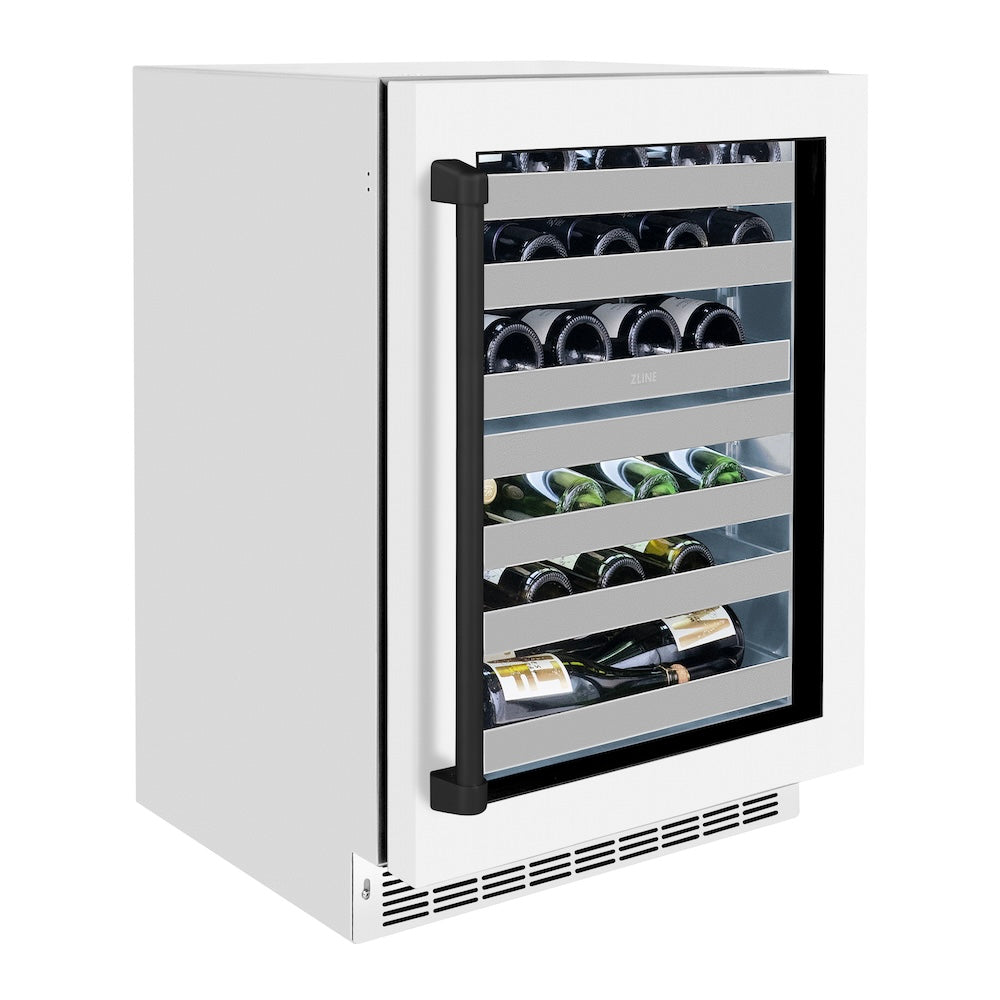 ZLINE Autograph Edition 24 in. Touchstone Dual Zone 44 Bottle Wine Cooler With White Matte Glass Door And Matte Black Handle (RWDOZ-WM-24-MB) - (RWDOZWM24MB) -