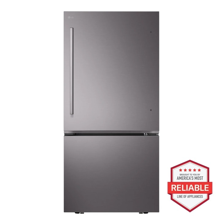 LG LB26H2200D bottom freezer refrigerator front view in black stainless steel