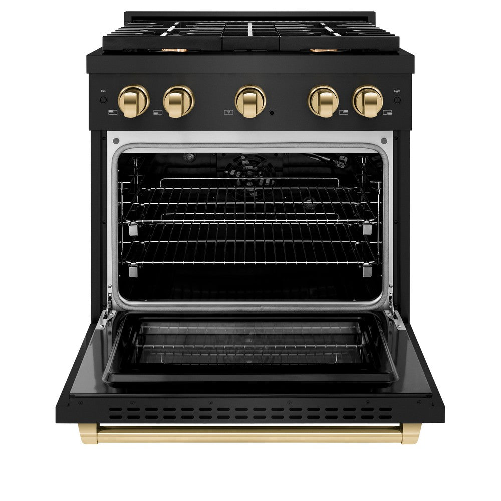 AutographEdition 30 in. 4.2 cu. ft. 4 Burner Gas Range with Convection Gas Oven in Black Stainless Steel and Polished Gold Accents - (SGRBZ30G) -