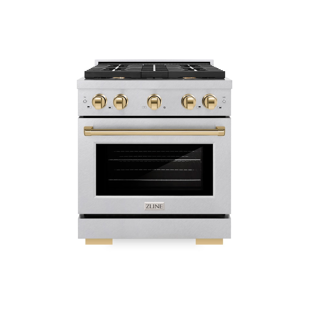 AutographEdition 30 in. 4.2 cu. ft. 4 Burner Gas Range with Convection Gas Oven in DuraSnow Stainless Steel and Polished Gold Accents - (SGRSZ30G) -