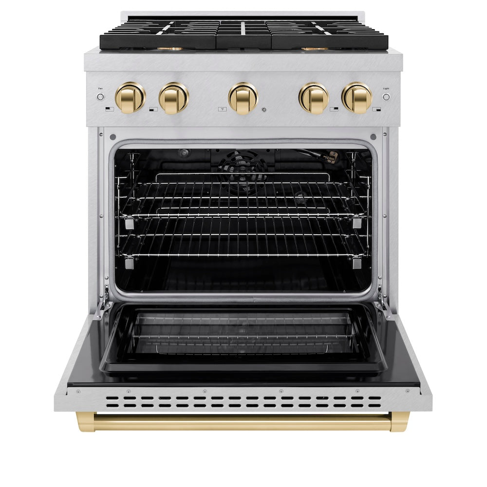 AutographEdition 30 in. 4.2 cu. ft. 4 Burner Gas Range with Convection Gas Oven in DuraSnow Stainless Steel and Polished Gold Accents - (SGRSZ30G) -