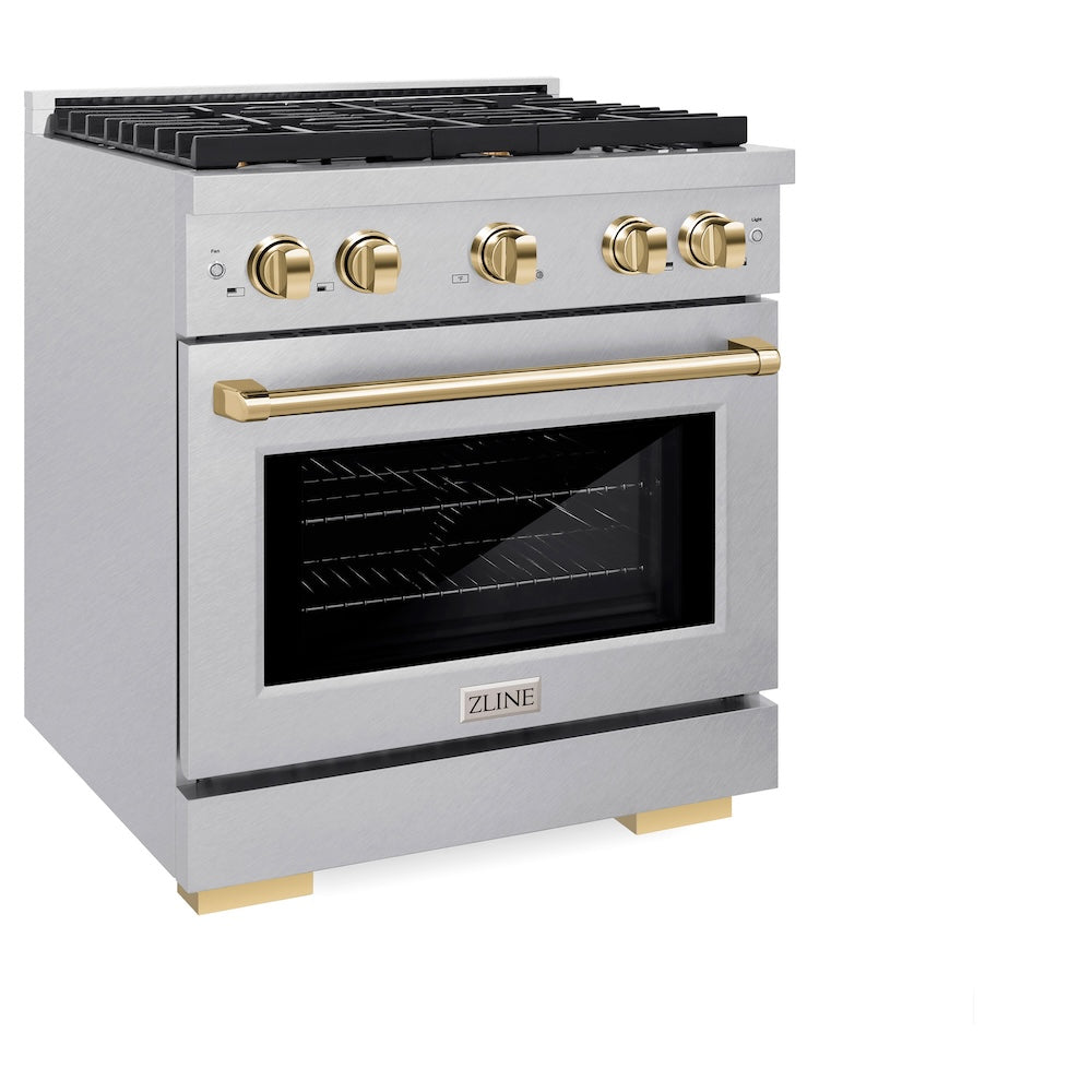 AutographEdition 30 in. 4.2 cu. ft. 4 Burner Gas Range with Convection Gas Oven in DuraSnow Stainless Steel and Polished Gold Accents - (SGRSZ30G) -