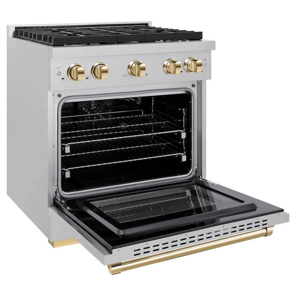 AutographEdition 30 in. 4.2 cu. ft. 4 Burner Gas Range with Convection Gas Oven in DuraSnow Stainless Steel and Polished Gold Accents - (SGRSZ30G) -