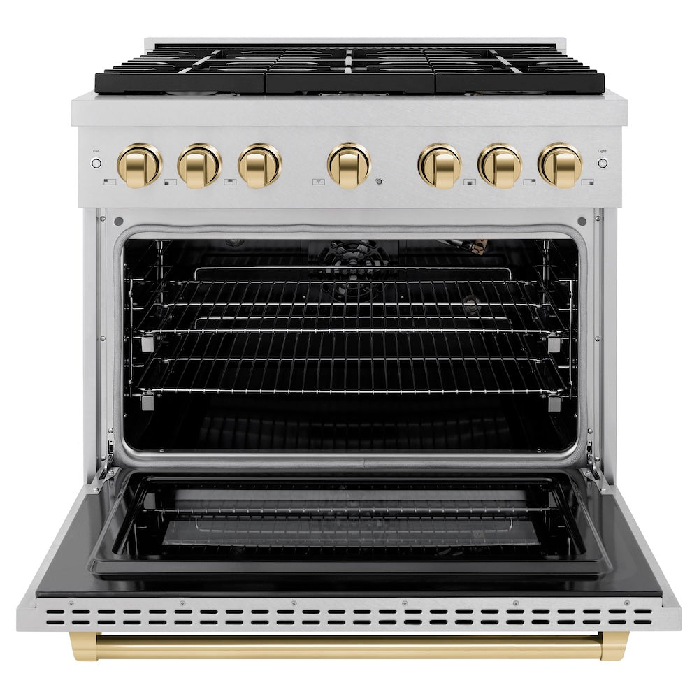 AutographEdition 36 in. 5.2 cu. ft. 6 Burner Gas Range with Convection Gas Oven in DuraSnow Stainless Steel and Polished Gold Accents - (SGRSZ36G) -