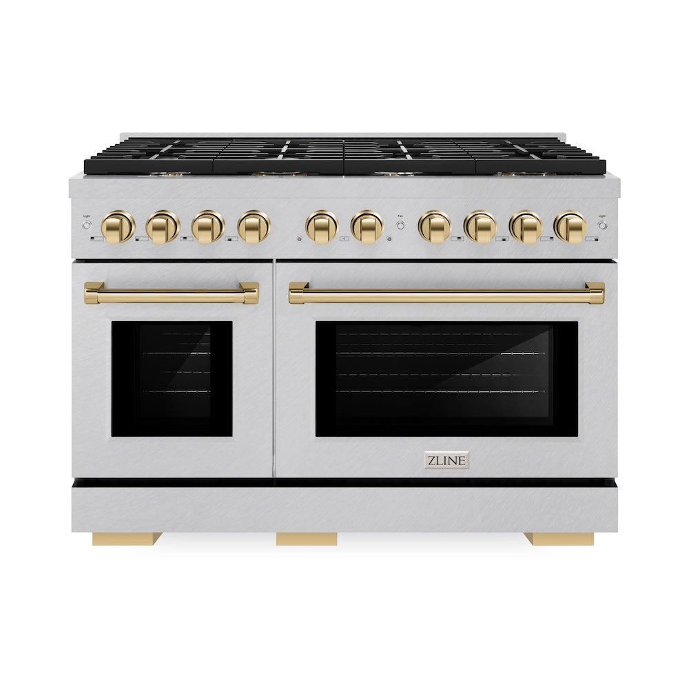AutographEdition 48 in. 6.7 cu. ft. 8 Burner Double Oven Gas Range in DuraSnow Stainless Steel and Polished Gold Accents - (SGRSZ48G) -