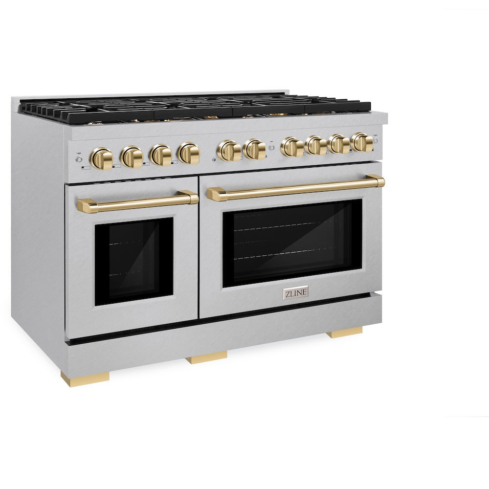 AutographEdition 48 in. 6.7 cu. ft. 8 Burner Double Oven Gas Range in DuraSnow Stainless Steel and Polished Gold Accents - (SGRSZ48G) -