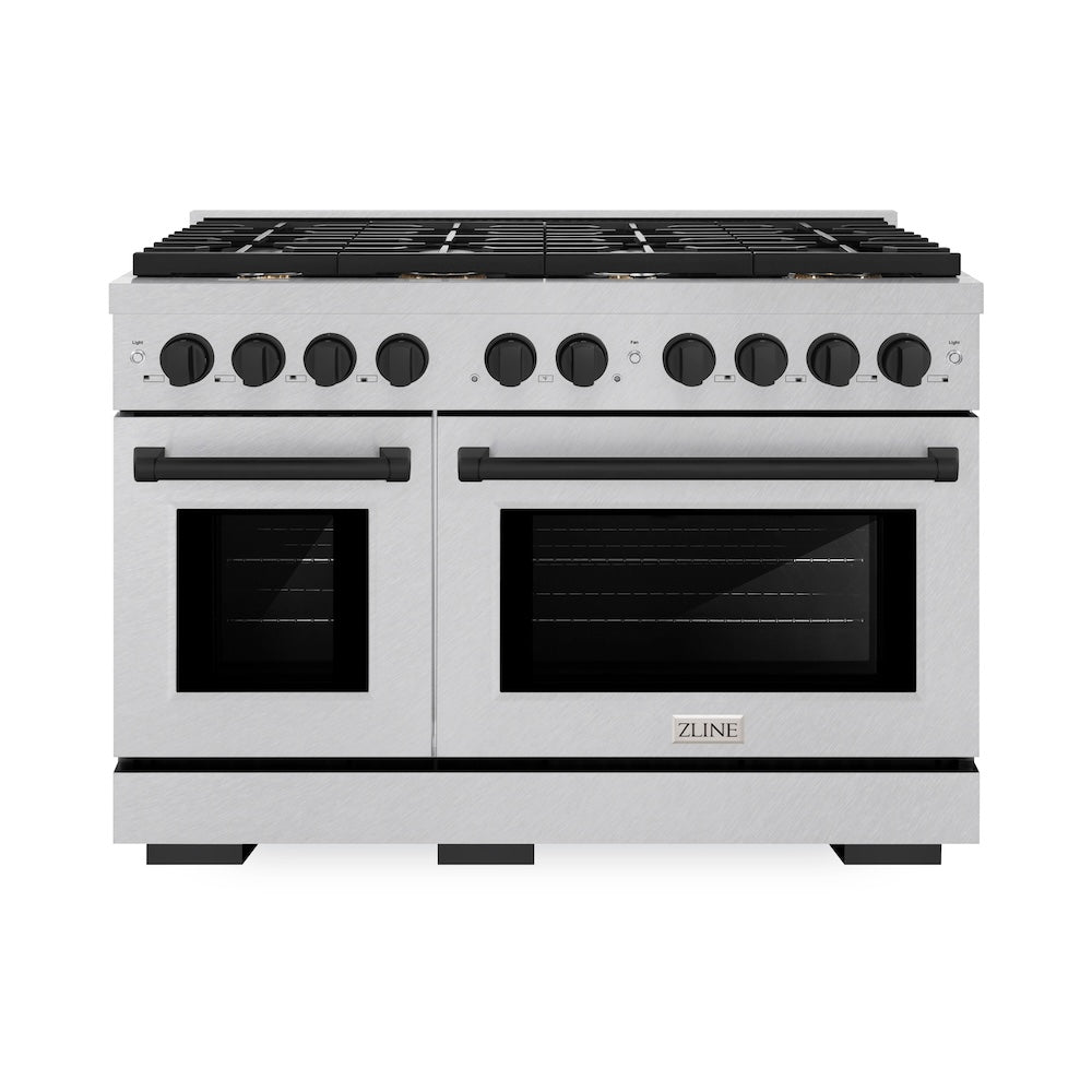 AutographEdition 48 in. 6.7 cu. ft. 8 Burner Double Oven Gas Range in DuraSnow Stainless Steel and Matte Black Accents - (SGRSZ48MB) -