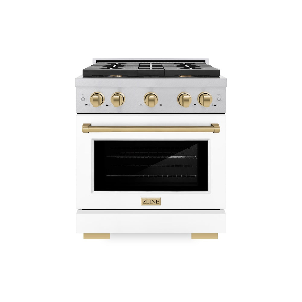 AutographEdition 30 in. 4.2 cu. ft. 4 Burner Gas Range with Convection Gas Oven in DuraSnow Stainless Steel with White Matte Door and Champagne Bronze Accents - (SGRSZWM30CB) -