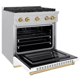 AutographEdition 30 in. 4.2 cu. ft. 4 Burner Gas Range with Convection Gas Oven in DuraSnow Stainless Steel with White Matte Door and Champagne Bronze Accents - (SGRSZWM30CB) -
