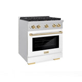 AutographEdition 30 in. 4.2 cu. ft. 4 Burner Gas Range with Convection Gas Oven in DuraSnow Stainless Steel with White Matte Door and Polished Gold Accents - (SGRSZWM30G) -