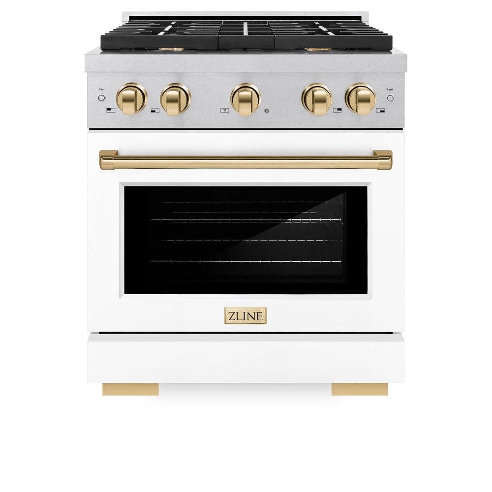AutographEdition 30 in. 4.2 cu. ft. 4 Burner Gas Range with Convection Gas Oven in DuraSnow Stainless Steel with White Matte Door and Polished Gold Accents - (SGRSZWM30G) -