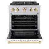 AutographEdition 30 in. 4.2 cu. ft. 4 Burner Gas Range with Convection Gas Oven in DuraSnow Stainless Steel with White Matte Door and Polished Gold Accents - (SGRSZWM30G) -