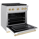 AutographEdition 30 in. 4.2 cu. ft. 4 Burner Gas Range with Convection Gas Oven in DuraSnow Stainless Steel with White Matte Door and Polished Gold Accents - (SGRSZWM30G) -