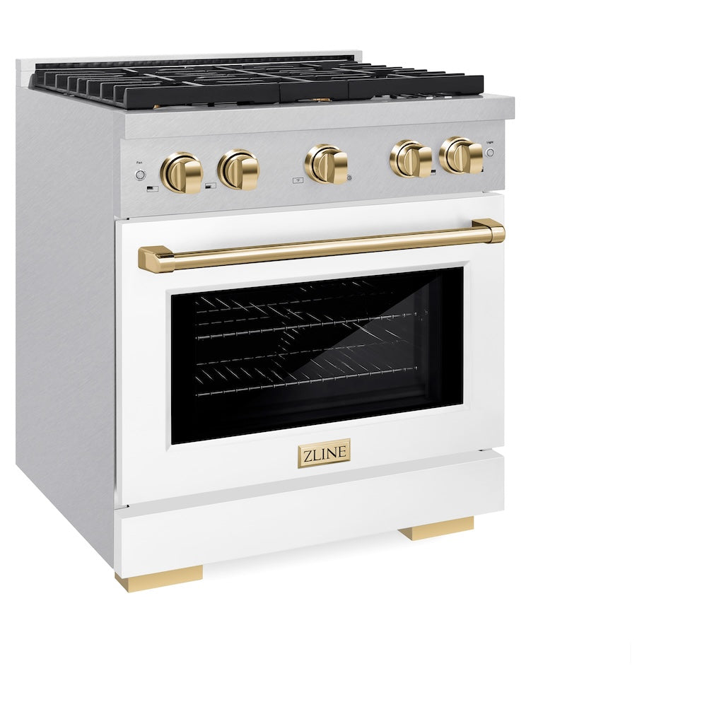 AutographEdition 30 in. 4.2 cu. ft. 4 Burner Gas Range with Convection Gas Oven in DuraSnow Stainless Steel with White Matte Door and Polished Gold Accents - (SGRSZWM30G) -