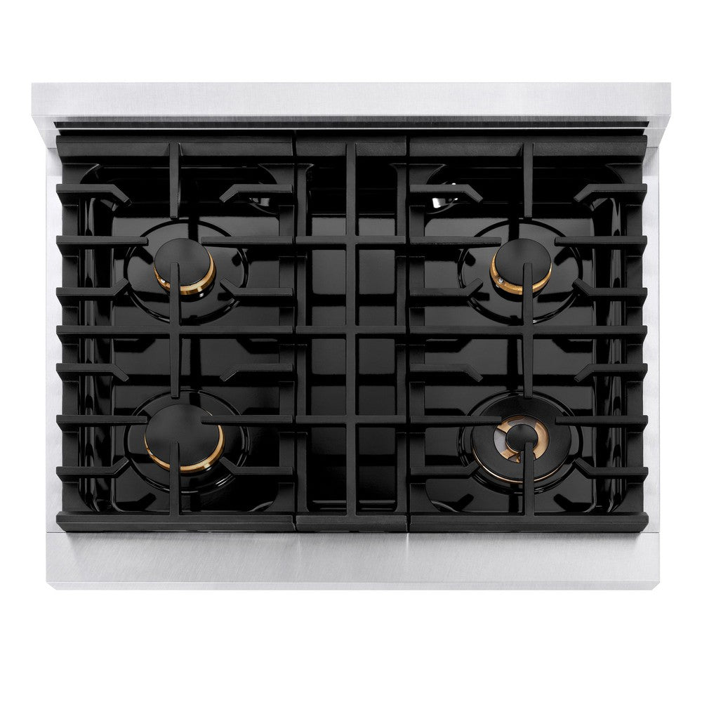 AutographEdition 30 in. 4.2 cu. ft. 4 Burner Gas Range with Convection Gas Oven in DuraSnow Stainless Steel with White Matte Door and Polished Gold Accents - (SGRSZWM30G) -