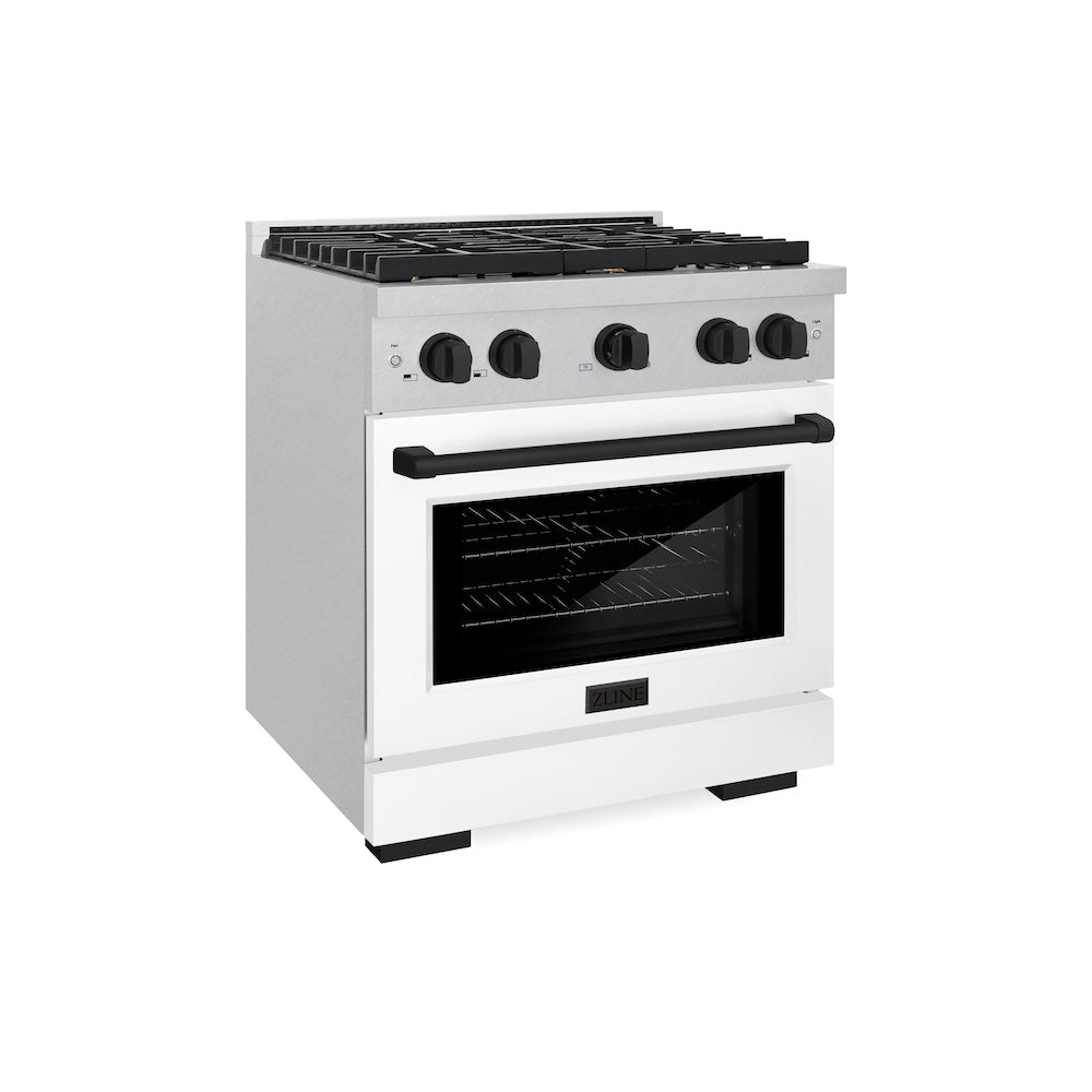 AutographEdition 30 in. 4.2 cu. ft. 4 Burner Gas Range with Convection Gas Oven in DuraSnow Stainless Steel with White Matte Door and Matte Black Accents - (SGRSZWM30MB) -