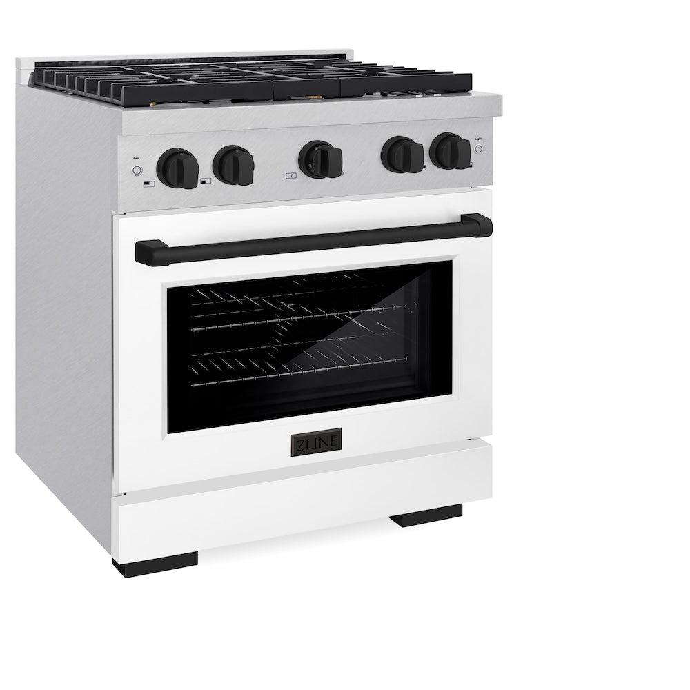 AutographEdition 30 in. 4.2 cu. ft. 4 Burner Gas Range with Convection Gas Oven in DuraSnow Stainless Steel with White Matte Door and Matte Black Accents - (SGRSZWM30MB) -