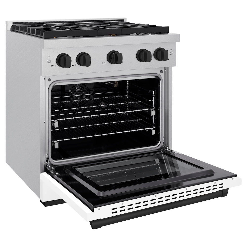 AutographEdition 30 in. 4.2 cu. ft. 4 Burner Gas Range with Convection Gas Oven in DuraSnow Stainless Steel with White Matte Door and Matte Black Accents - (SGRSZWM30MB) -