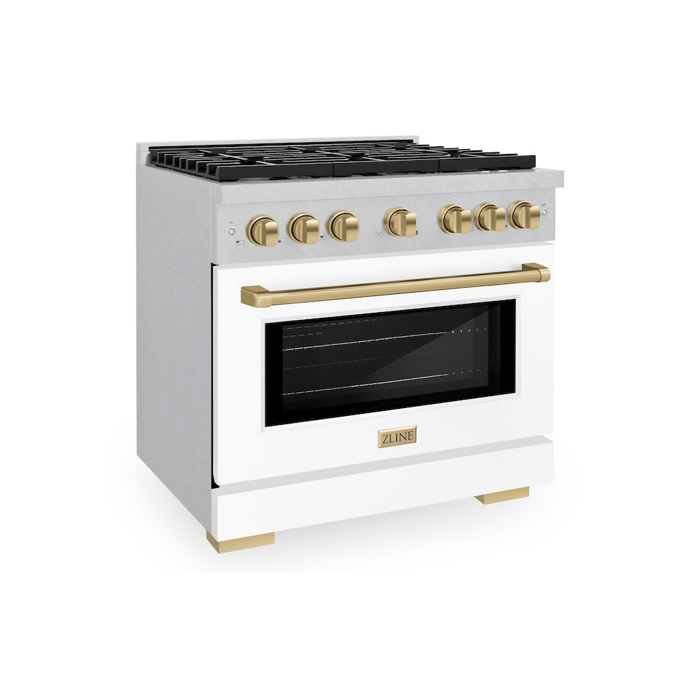 AutographEdition 36 in. 5.2 cu. ft. 6 Burner Gas Range with Convection Gas Oven in DuraSnow Stainless Steel with White Matte Door and Champagne Bronze Accents - (SGRSZWM36CB) -