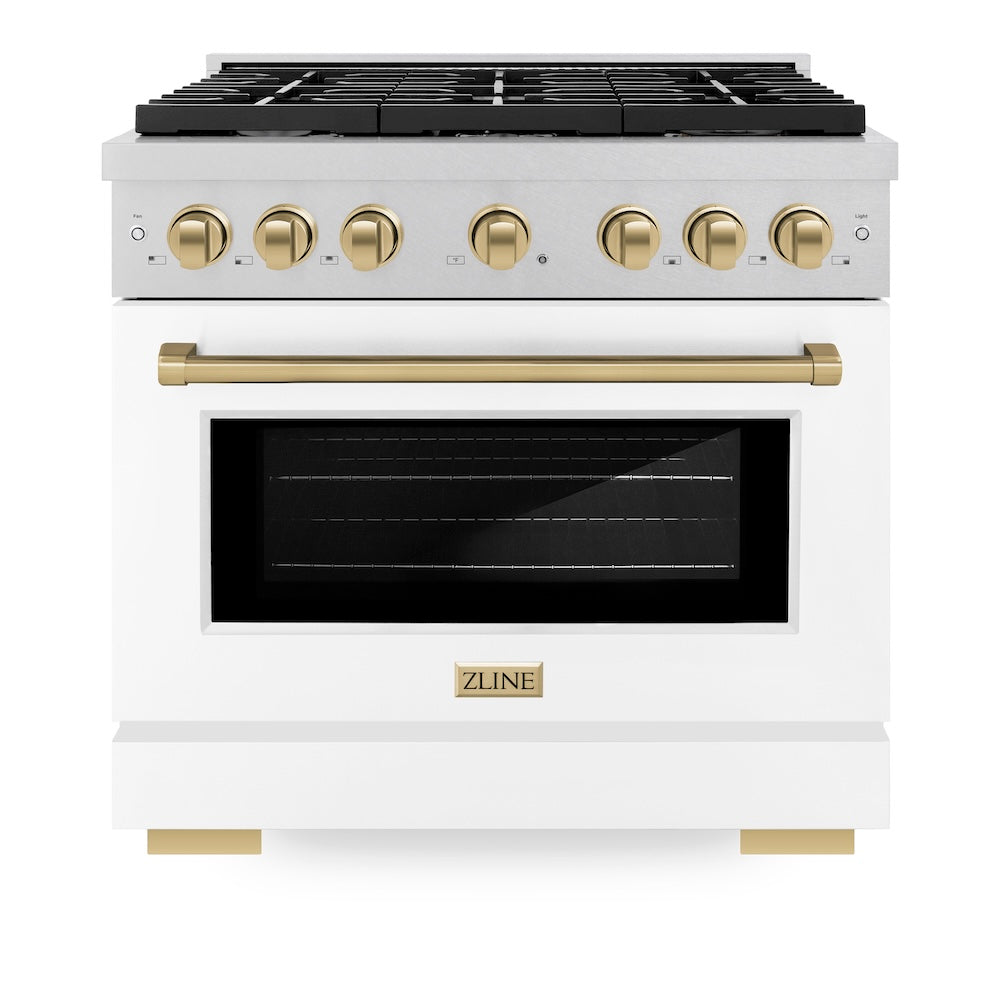 AutographEdition 36 in. 5.2 cu. ft. 6 Burner Gas Range with Convection Gas Oven in DuraSnow Stainless Steel with White Matte Door and Champagne Bronze Accents - (SGRSZWM36CB) -