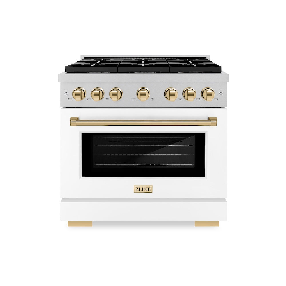 AutographEdition 36 in. 5.2 cu. ft. 6 Burner Gas Range with Convection Gas Oven in DuraSnow Stainless Steel with White Matte Door and Polished Gold Accents - (SGRSZWM36G) -