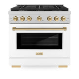 AutographEdition 36 in. 5.2 cu. ft. 6 Burner Gas Range with Convection Gas Oven in DuraSnow Stainless Steel with White Matte Door and Polished Gold Accents - (SGRSZWM36G) -