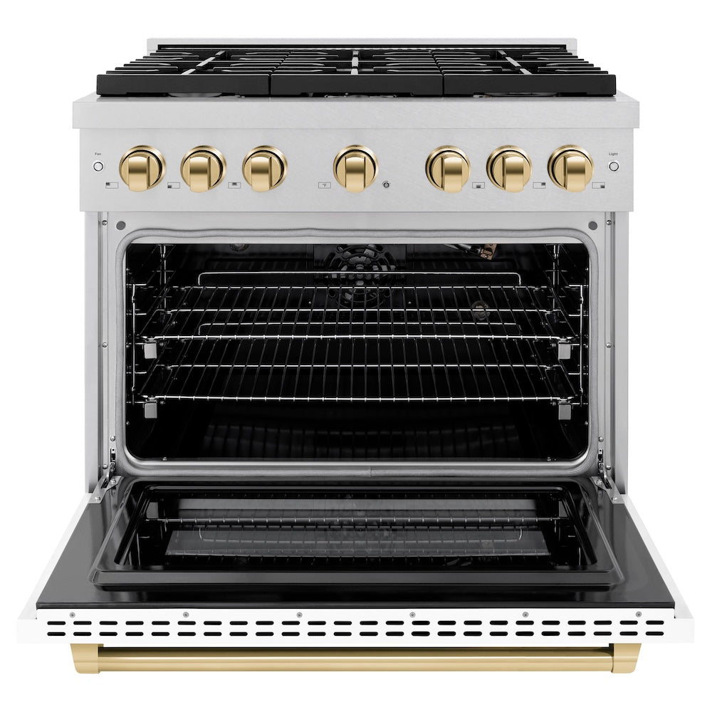 AutographEdition 36 in. 5.2 cu. ft. 6 Burner Gas Range with Convection Gas Oven in DuraSnow Stainless Steel with White Matte Door and Polished Gold Accents - (SGRSZWM36G) -